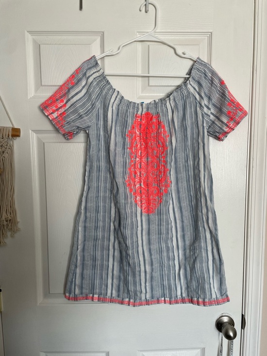 blue island Other - Blue Island Women’s Large Striped Off-Shoulder Dress with Neon Coral Embroidery